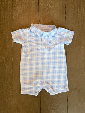 First Impressions Baby Boys’ Preppy Blue Plaid Polo Romper/“Shortie” • Size 3-6M